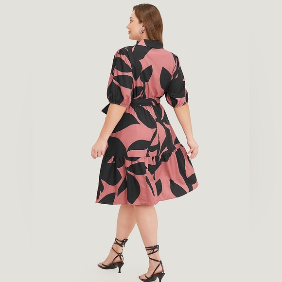 Plant Pocket Puff Sleeve Belt Ruffle Hem Button Up Dress - Picture 2 of 2